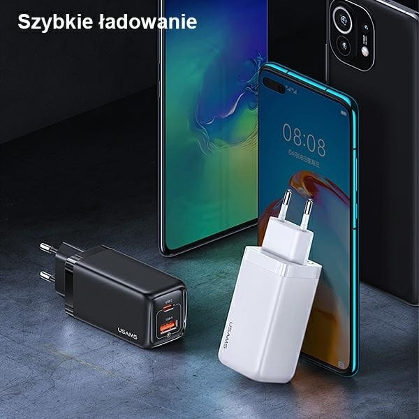 USAMS Lad. nätverk. 1xUSB-C+1xUSB T47 65W (endast huvud) PD Snabbladdning Super Si vit/vit CC153TC02 (US-CC153)