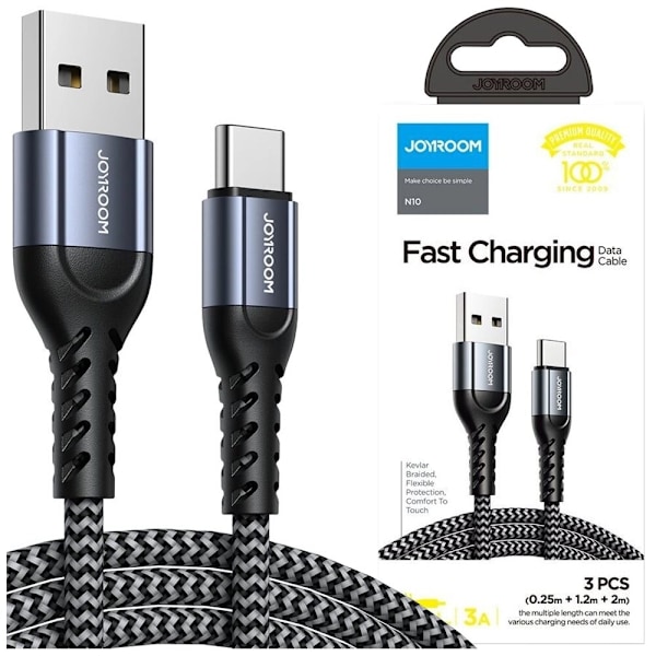Joyroom N10 King Kong Series Kit 3 x Nylonkabel USB-kabel - Type C (0,25m + 1,2m + 2m) 3A Grå
