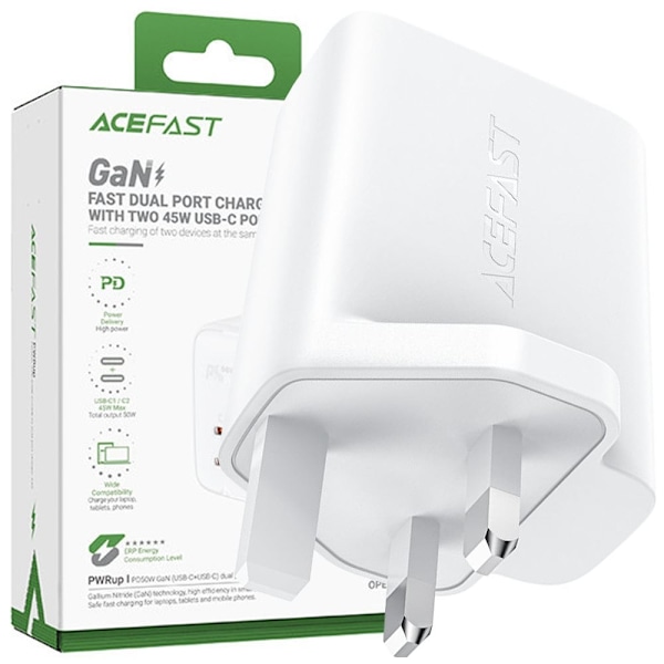 Acefast GaN lader 65W 3 porter (1xUSB, 2xUSB C PD) hvit UK plugg (A44)