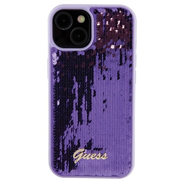 Guess Sequin Script metalldeksel til iPhone 15 - lilla