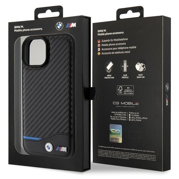 BMW Leather Carbon deksel til iPhone 15 - svart