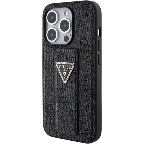 Guess Grip Stand 4G Triangle Strass-deksel til iPhone 15 Pro - Svart