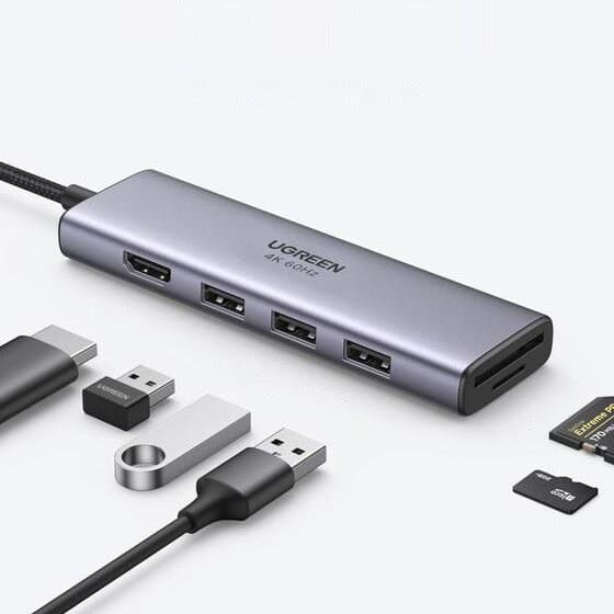 UGREEN 6IN1 MULTIFUNKTIONEL USB C-3XUSB/HDMI/SD OG TF-KORTLÆSER GRÅ