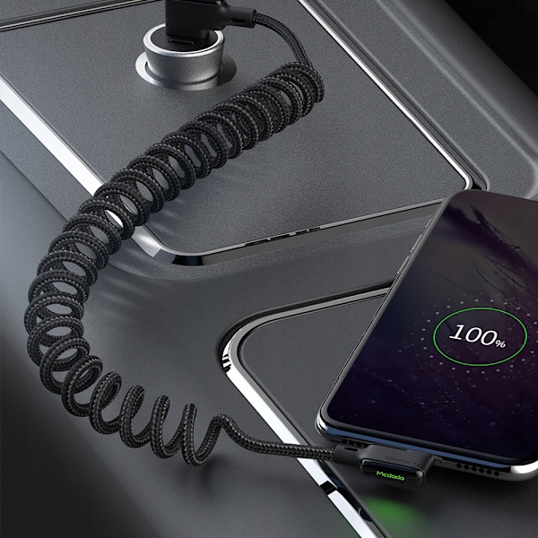 MCDODO VINKLAD USB LIGHTNING SPIRAL FJÄDERKABEL FÖR IPHONE 14 LED 2M