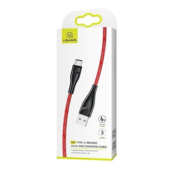 USAMS Flätad kabel U41 USB-C 3m 2A röd/röd SJ398USB02 (US-SJ398) Snabbladdning