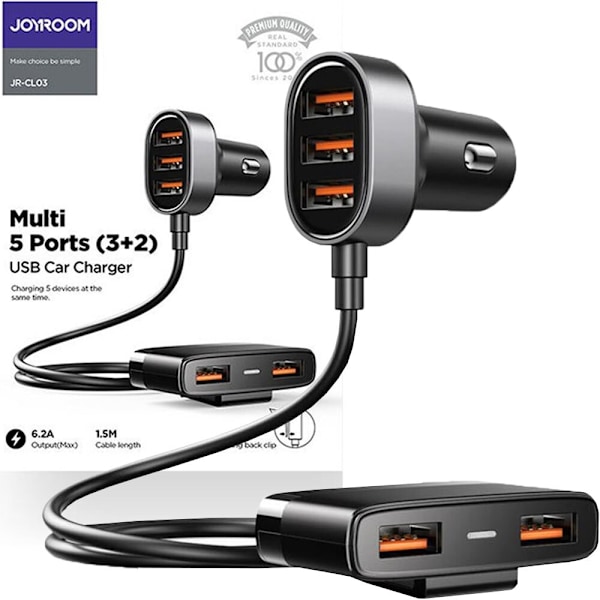 Joyroom rask billader 5x USB 6.2 A med skjøteledning svart (JR-CL03)