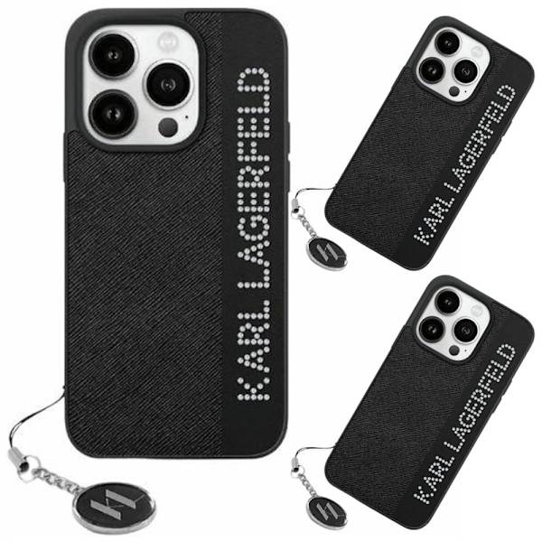 KARL LAGERFELD SAFFIANO RHINESTONES & CHARM COVER TIL IPHONE 15 PRO - SORT
