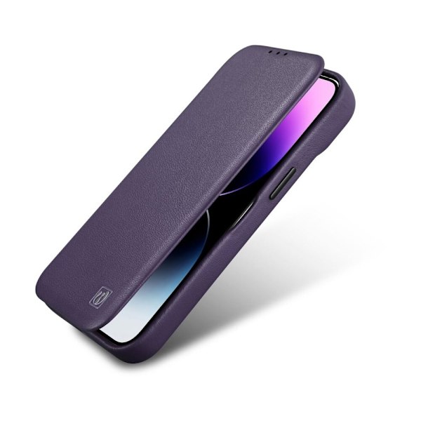 iCarer CE Premium lærfolieveske iPhone 14 Plus lær Flip-deksel magnetisk MagSafe Dark Purple (WMI14220715-DP)