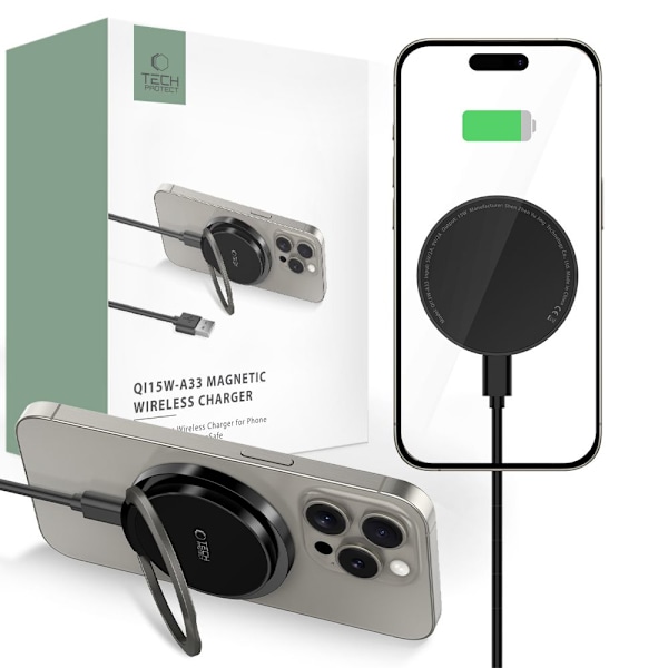 TECH-PROTECT QI15W-A33 MAGNETISK MAGSAFE TRÅDLØS OPLADER SORT