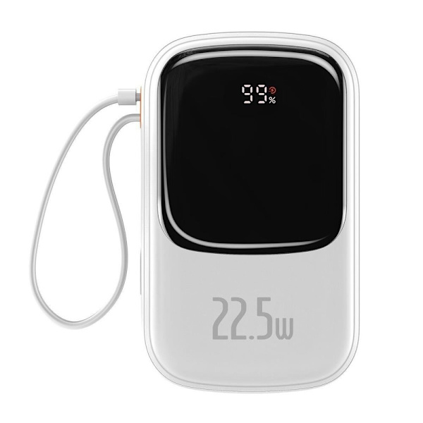 Baseus Qpow Digital Display Powerbank med hurtiglading 20000mAh 22,5W QC/PD/SCP/FCP med innebygd USB-C-kabel hvit
