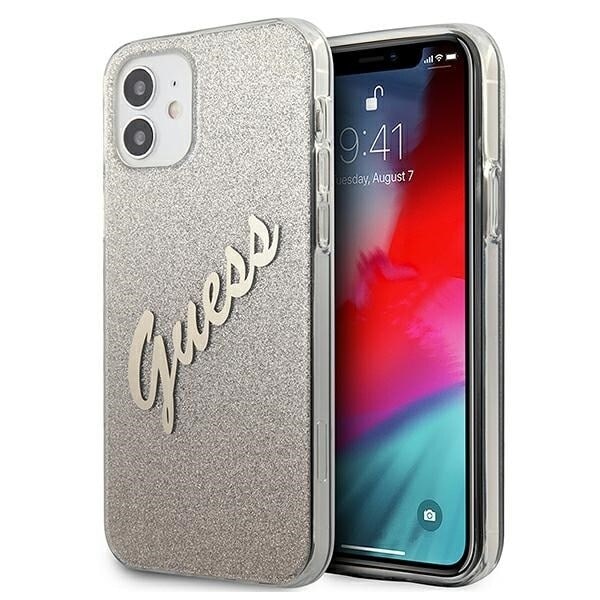 Guess GUHCP12SPCUGLSGO iPhone 12 mini 5.4 gull/gull hardt deksel Glitter Gradient Script