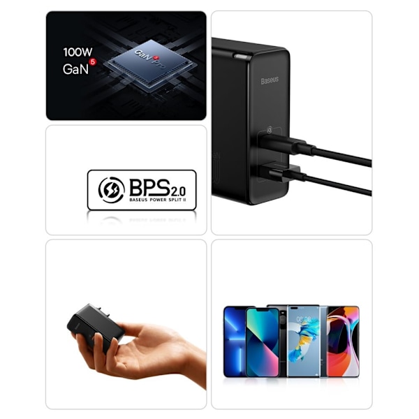 Baseus GaN5 Pro Fast Universal GaN USB Type C / USB-lader 100W PD3.0, QC4.0+, AFC Black (CCGP090201)