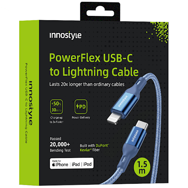INNOSTYLE POWERFLEX USB-C LIGHTNING MFI SNABBLADDNINGSKABEL FÖR IPHONE KEVLAR 2M BLÅ