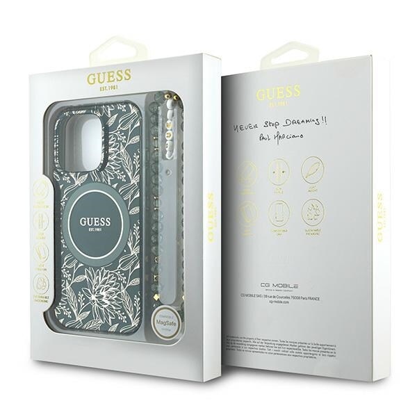 Guess GUHMP16LHCPOFPA iPhone 16 Pro 6.3" grönt/grönt hårt fodral IML Flowers Allover Electro With Pearl Strap MagSafe