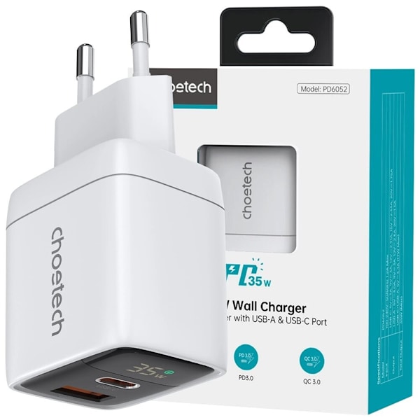 CHOETECH USB-C NETVÆRKSLADER USB-A PD 35W GAN MED DISPLAY HVID