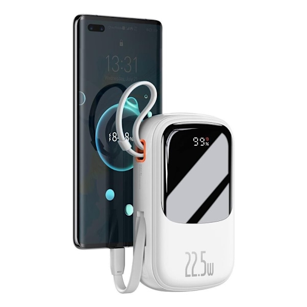 Baseus Qpow Digital Display Powerbank med hurtiglading 20000mAh 22,5W QC/PD/SCP/FCP med innebygd USB-C-kabel hvit