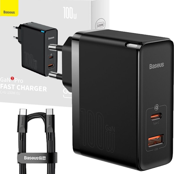 Baseus GaN5 Pro Fast Universal GaN USB Type C / USB-lader 100W PD3.0, QC4.0+, AFC Black (CCGP090201) Svart