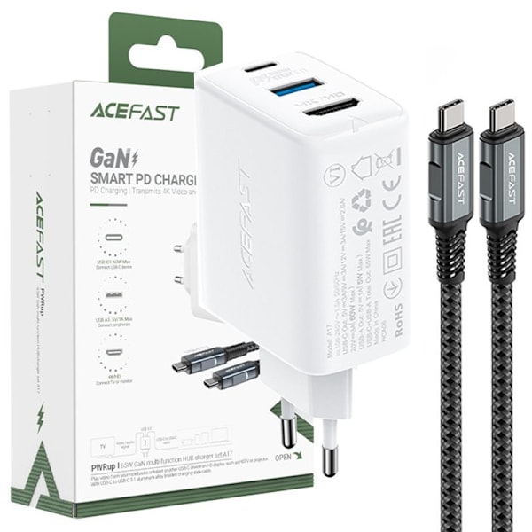 ACEFAST 2I1 OPLADER 65W USBC/USB ADAPTER HDMI4K60HZ+HVID KABEL