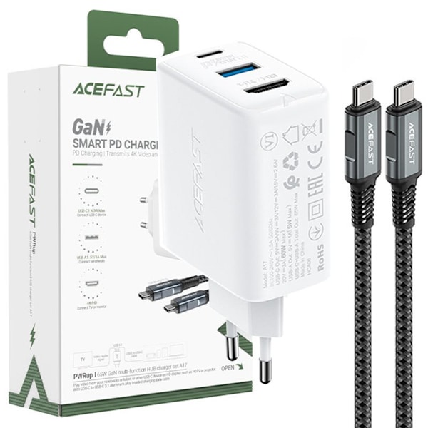 Acefast 2in1 GaN 65W USB Type C / USB-lader, HDMI-adapter 4K@60Hz (sett med kabel) hvit (A17 hvit)