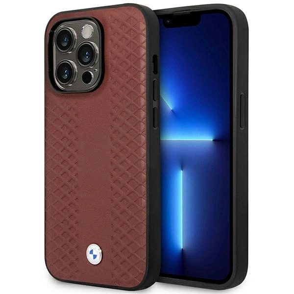 BMW LÆDER DIAMOND PATTERN MAGSAFE ETUI TIL IPHONE 14 PRO - BORDEAUX