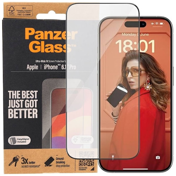 PanzerGlass Ultra-Wide Fit herdet glass med holder for iPhone 15 Plus