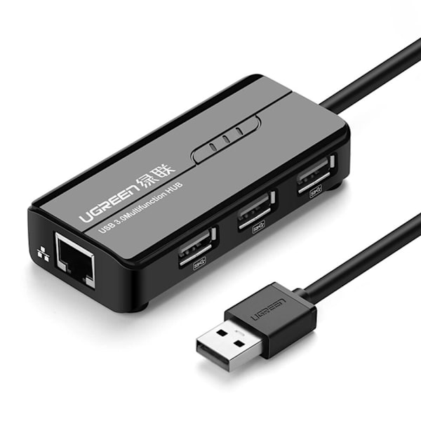 Ugreen 20264 RJ45 / USB-A 10/100 Mbps HUB nettverksadapter 3x USB-A 2.0 - svart