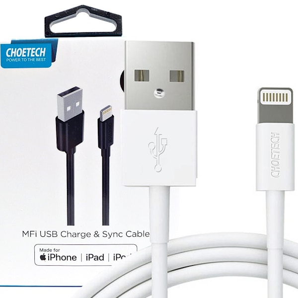 Choetech-sertifisert USB-A til Lightning MFI-kabel 1,8 m hvit (IP0027)