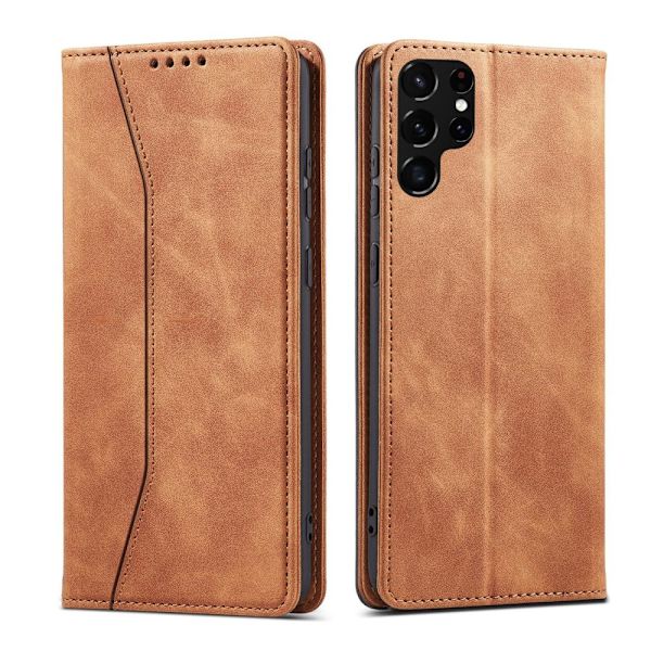 Magnet Fancy Case Case for Samsung Galaxy S22 Ultra Card Lommebokbeskyttelse? brunt stativ