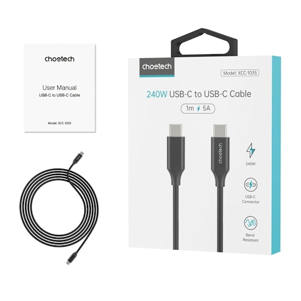 Choetech lade- og datakabel USB-C - USB-C PD3.1 240W 480 Mbps 2m svart (XCC-1036)