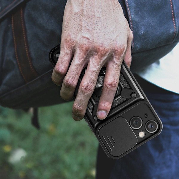 Hybrid Armor Camshield Armored Case med stativ og kameradeksel til iPhone 15 - Blå