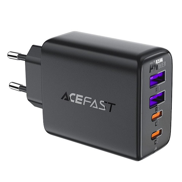 Acefast A61 PD 45W GaN-lader med 2 x USB-C + 2 x USB-A 4-porter - svart