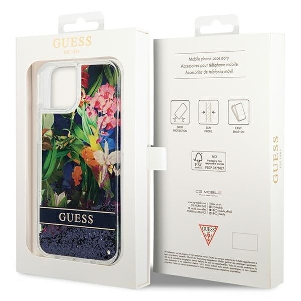 Guess GUHCP14SLFLSB iPhone 14 6.1 blå/blå hardt deksel Flower Liquid Glitter