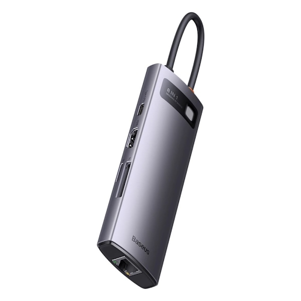 BASEUS HUB 8IN1 USB-C TIL USB-C PD / 3X USB-A / HDMI / RJ-45 / SD TF GRÅ