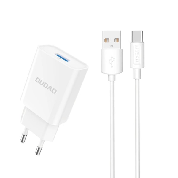 DUDAO A4EU USB-A 2.1A VÆGOPLADER - HVID + USB-A - USB-C KABEL