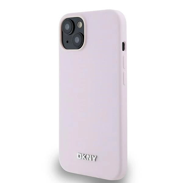 DKNY flytende silikon liten metalllogo MagSafe-deksel til iPhone 15.14.13 - Rosa