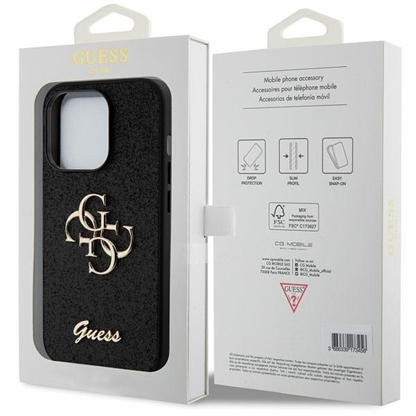 Guess Glitter Script Big 4G-deksel til iPhone 15 Pro Max - svart