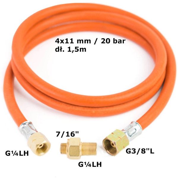 Reduksjonstilkobling for turistgassflaske G 3/8" L - 7/16" slange 1,5 m