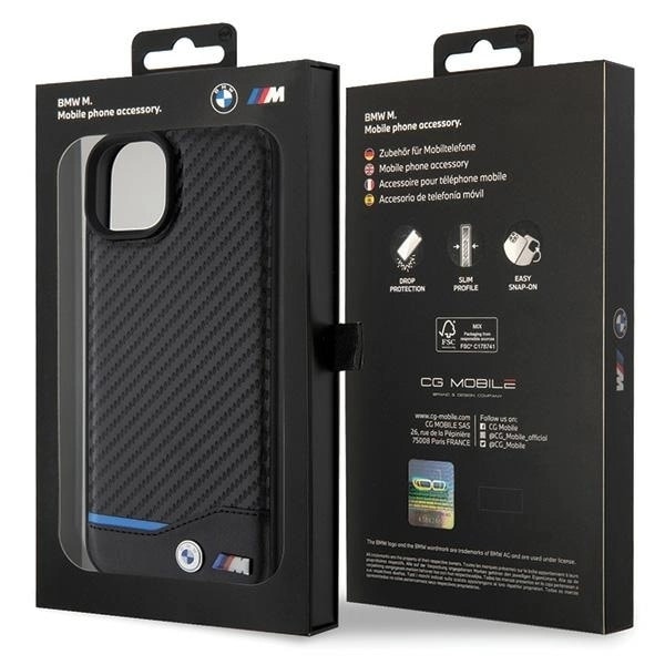 BMW LÆDER CARBON ETUI TIL IPHONE 15 PLUS - SORT