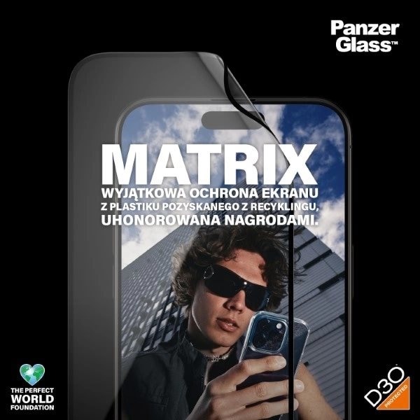 PanzerGlass Matrix Ultra-Wide-Fit hybridglass for iPhone 15 Pro Max med posisjoner