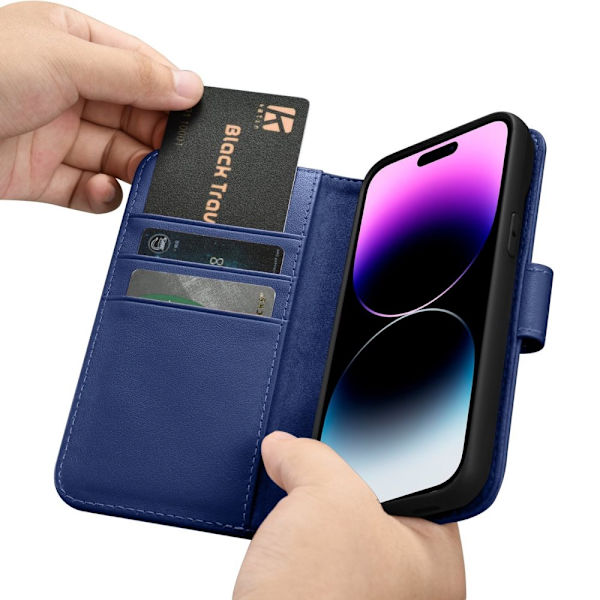 iCarer Wallet Case 2-i-1 iPhone 14 Pro Max flip-etui i skinn, RFID-blokkerende blå (WMI14220728-BU)