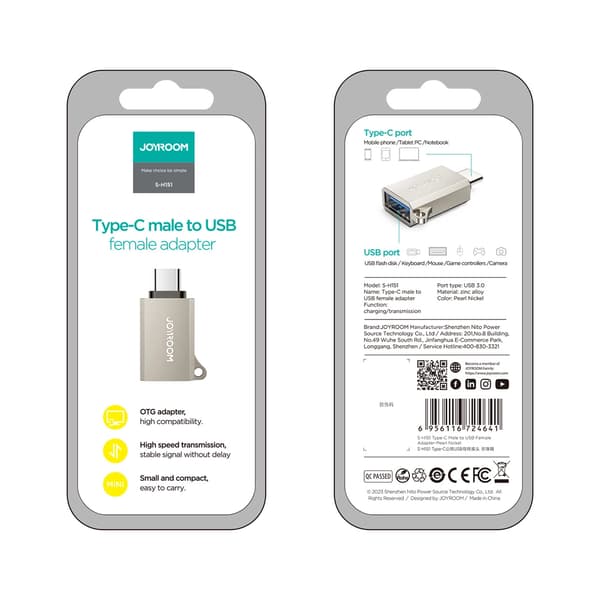 JOYROOM S-H151 USB-C (HAN) / USB-A (HUN) ADAPTER MED SNORØJE - SØLV
