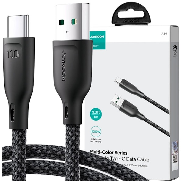Joyroom Multi-Color Series SA34-AC6 USB-A / USB-C-kabel 100W rask overføring 1m - svart