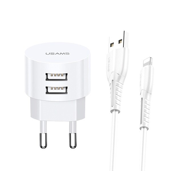 USAMS Lad. nätverk. 2xUSB T20 2.1A lightning vit/vit rund Snabbladdning XTXLOGT1804