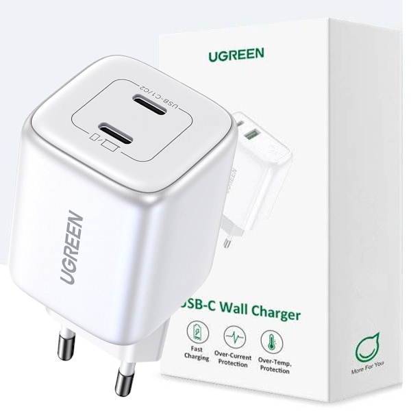 GaN hurtiglader 2 x USB-C 45W QC PD Ugreen CD294 - hvit Vit