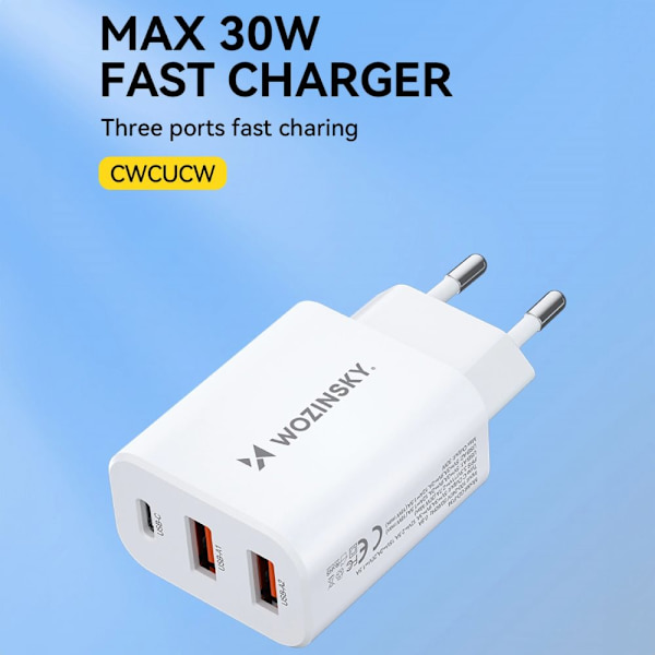 Wozinsky CWCUCW 30W USB-C / 2 x USB-A vegglader - hvit