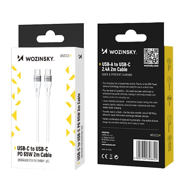 WOZINSKY WSTCC2 USB-C / USB-C PD 65W KABEL 2 M - HVID