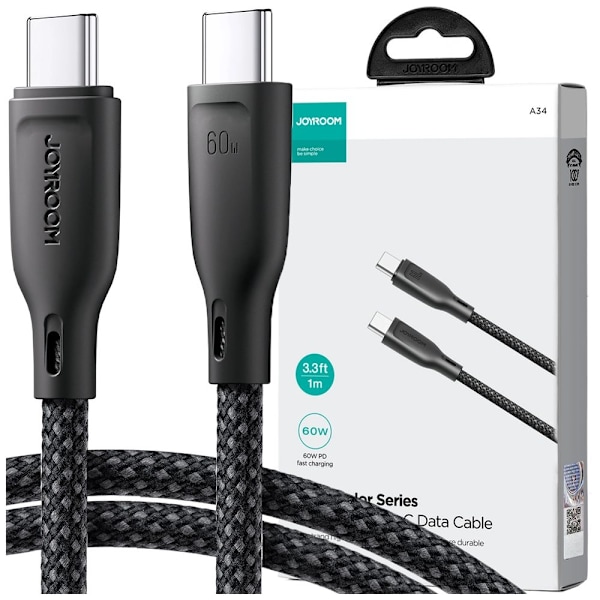 Joyroom Multi-Color Series SA34-CC3 USB-C / USB-C-kabel 60W rask overføring 1m - svart