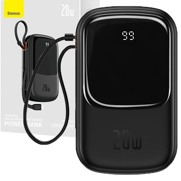 Baseus Qpow Digital Display Powerbank med hurtiglading 20000mAh 20W QC/PD/SCP/FCP med innebygd Lightning-kabel Svart