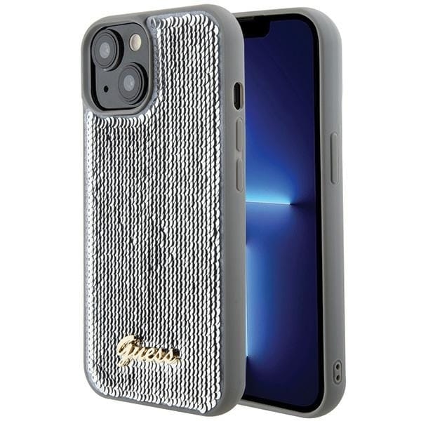 Guess Sequin Script Metalldeksel til iPhone 15 - sølv