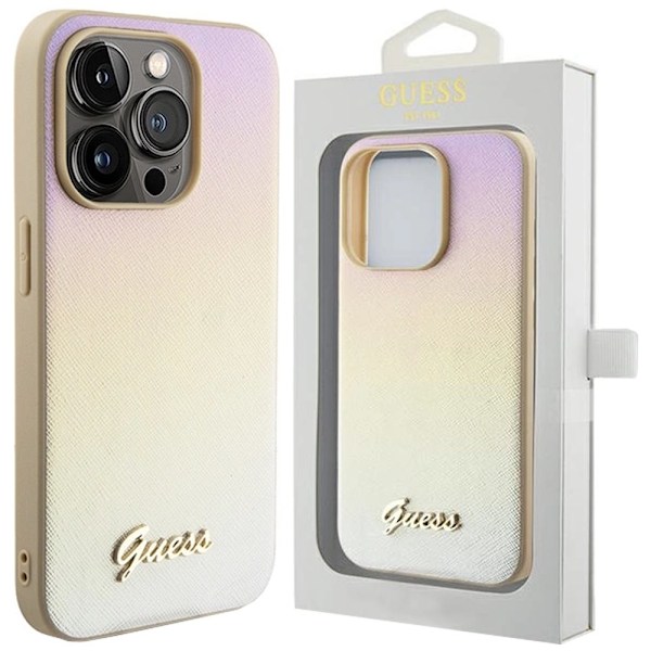 Guess Saffiano Iridescent Script-deksel til iPhone 14 Pro - Gull